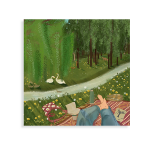 Woman sitting in a feeld near trees and a creek with swans and flowers
