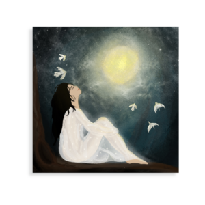A woman enjoying a view of the moon in the night, there are birds in the background