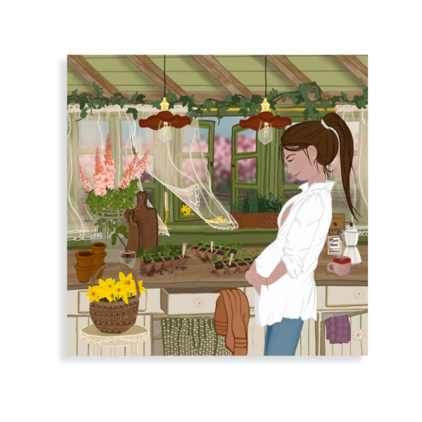 A woman holding her growing belly in her spring kitchen, she is pregnant and looking serene
