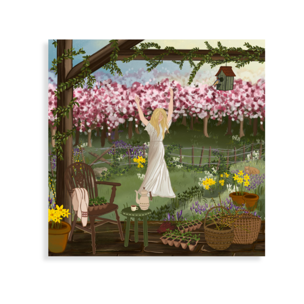 Woman dancing in a spring garden with flowers, seedlings and garden equipment