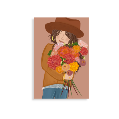 Drawing of a woman with brown hair wearing a hat holding a bouquet of dahlia's