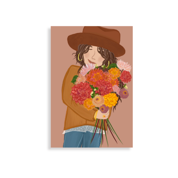 Drawing of a woman with brown hair wearing a hat holding a bouquet of dahlia's