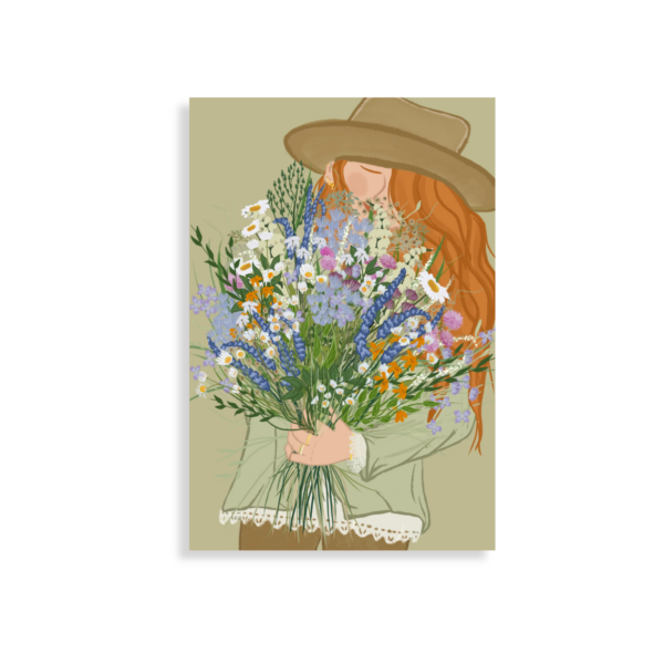 Woman with red hair wearing a green hat, holding a bouquet of wildflowers