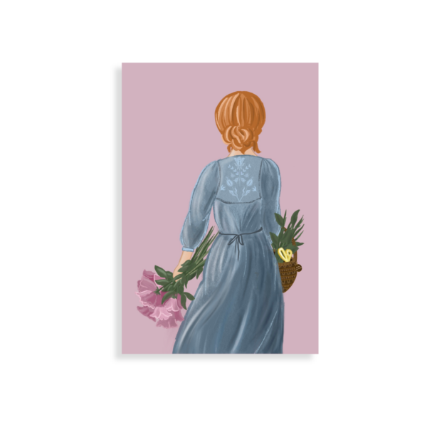 Female with red hair seen in a blue long dress holding a basket and flowers