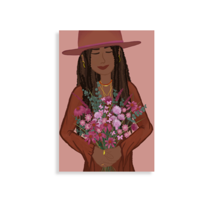 Woman with black braids and a pink hat holding a bouquet of summer flowers