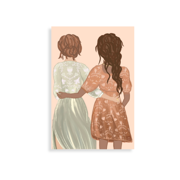 Two women in dresses hugging each other looking away from the viewer.