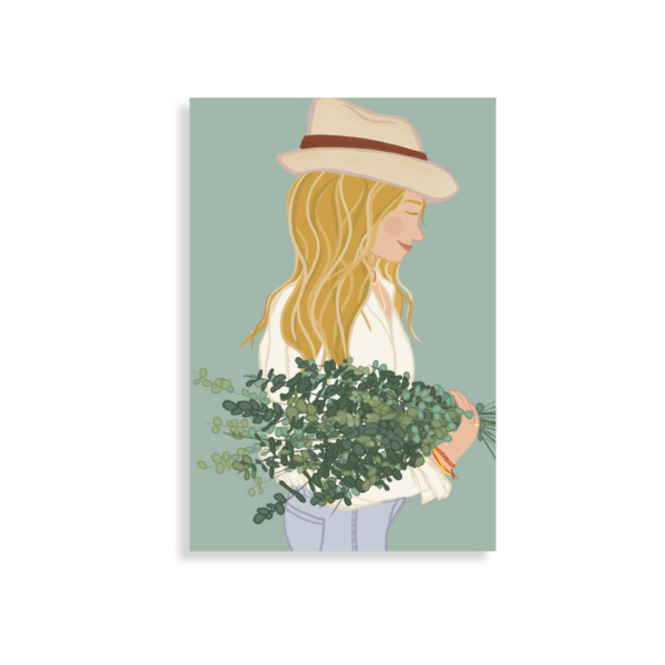 Drawing of a woman with golden blonde hair wearing a hat holding a bouquet of eucalyptus