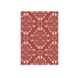 Pattern of pink and white flowers to a dark red background.