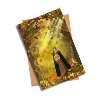 Card featuring a woman in the woods