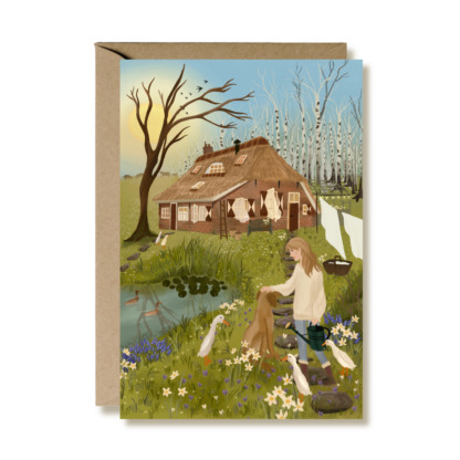 Greeting card with woman in garden in spring